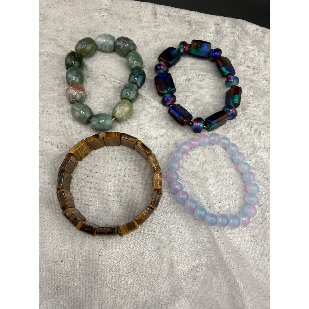 Estate Polished Stone Bracelet Lot Multicolor Beaded Stretch 6-7in